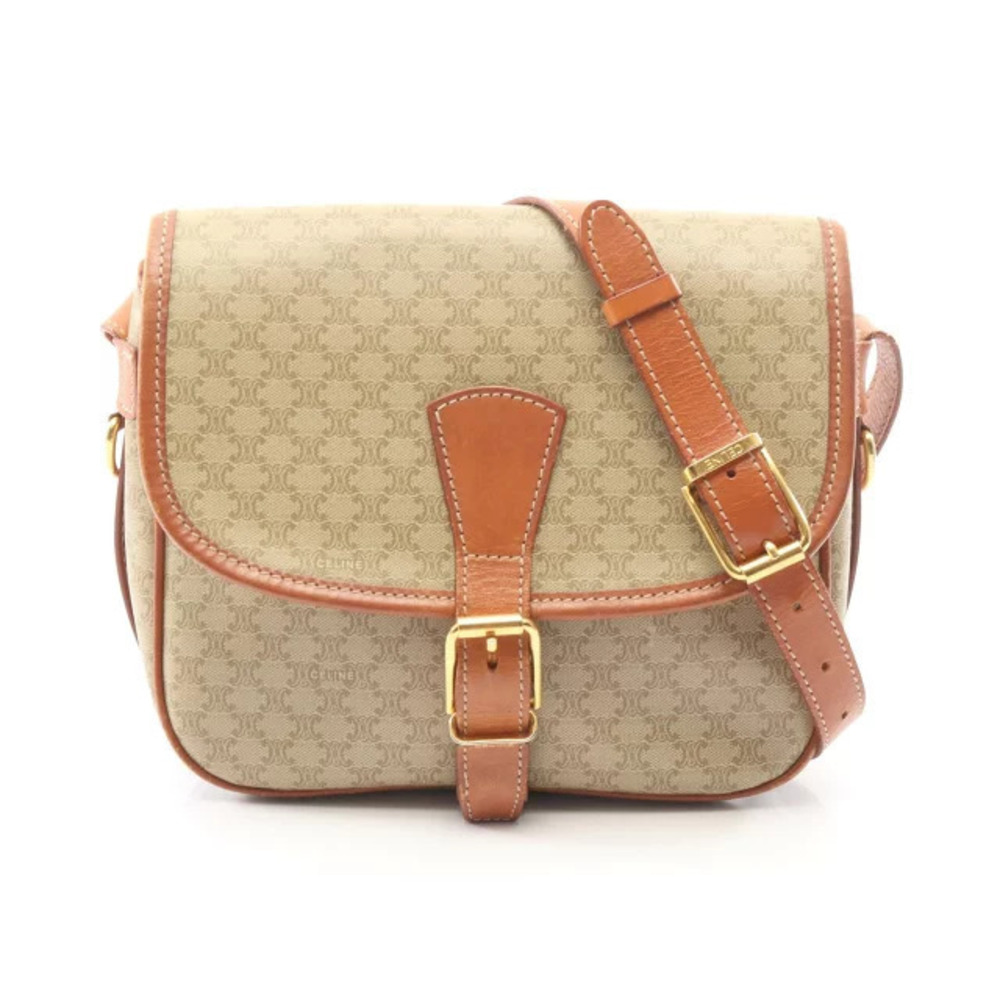 Celine Macadam Flap Shoulder Bag Canvas Leather Beige Cream Brown